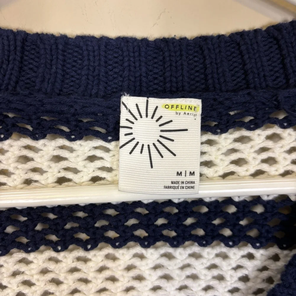 Aerie‎ Navy Blue and White Striped V-Neck Perforated Sweater Medium